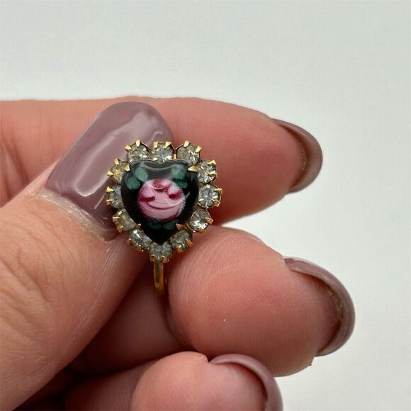 Vintage 1950s Green Heart Earrings Pink Rose Center Screw Back Retro Gold Tone - Picture 6 of 11